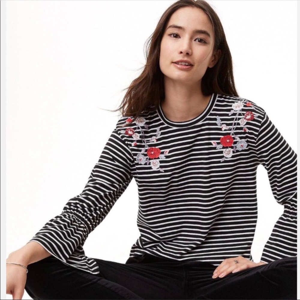 EUC Loft Striped Tee with Embroidered Details